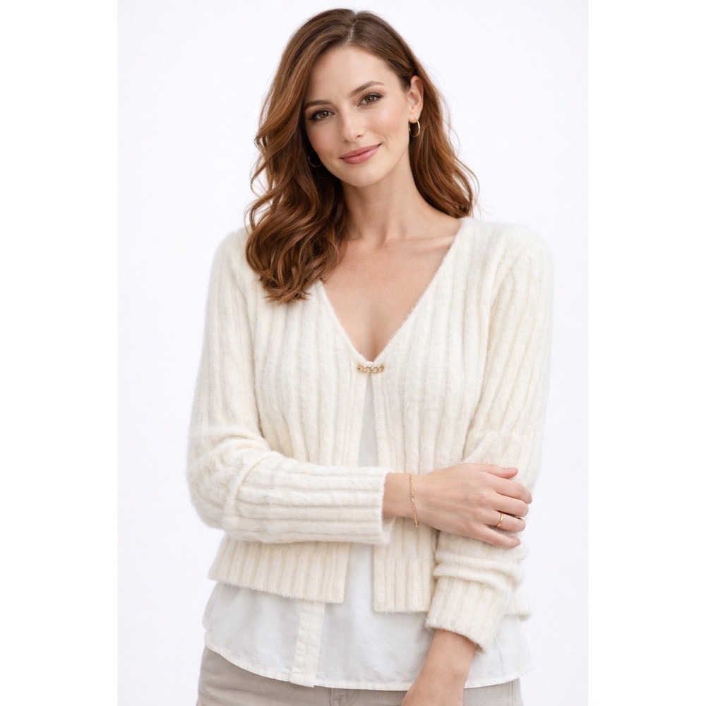 Cotton Candy LA Cream Fuzzy Ribbed Cropped Cardigan Sweater Size Medium M